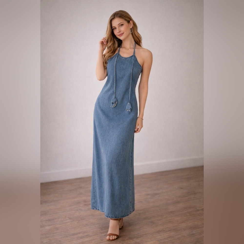 Forever 21 Blue Denim Maxi Dress XS Halter